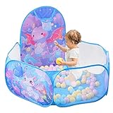 Bällebad Baby mit Basketball-Ring - Pop-Up-Spielzelt für Kinder Dinosaurier bällebad Baby für Kleinkind Klappbarer für Mädchen Jungen Indoor Outdoor Spiel Hund Ballbad 120 cm Bälle Nicht enthalten (A)