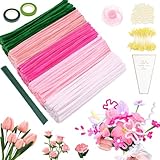 Epaing Pfeifenputzer zum Basteln, 500 Stück 5 Farben Pipe Cleaner Flower Set, mit Staubgefäße, Blütenstiel, Nicht Porösen Perlen, Klebeband, Fischschwanzgarn und Blumentasche, Pfeifenreiniger Blumen