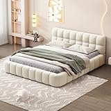 DULRLLY Polsterbett Bubble Bett 160 x 200 cm,Doppelbett mit Lattenrost, Jugendbett mit Gepolstertes Kopfteil, Gepolstertes Bett für Schlafzimmer und Gästezimmer,ohne Matratze, Leinenstoff (Weiß)