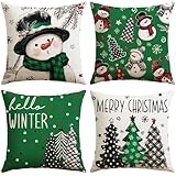 Sungeek 4er Set Weihnachten Kissenbezüge, Winter Kissenbezug Dekorative Zierkissenbezüge Weihnachtsdeko Kissenhülle für Sofa Couch Wohnzimmer Schlafzimmer (40x40 cm, Schneemann Weihnachtsbaum Grün)