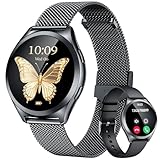 Schwarz Smartwatch Damen Armbanduhr Rund: Smart Watch Damen Metallarmband mit Telefonfunktion Schrittzähler Schlafmonitor Herzfrequenz Blutdruck Wasserdicht 1,27' Klein Duenn Touchscreen Fitnessuhr