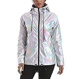 RoseLily Damen Wasserdichte Regenjacke Leicht mit Kapuze Trenchcoat Lang Regenmantel Outdoor Aktiv Wandern Windbreaker, Holografisch, Small