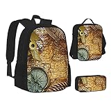 OHWODA Sunflower Bees Bedruckter Rucksack Dreiteiliges Set – Rucksack, Federmäppchen, Lunchtasche Kombination, Kompass und alte Weltkarte, Einheitsgröße, Lässiger Tagesrucksack