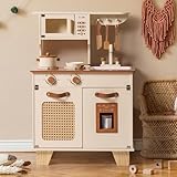 ROBOTIME Holzspielküche, Kleinkind, realistische Spielzeugküche mit Eisspender, Rattan-Netz und Lederelement, Prentend Play Cooking Spielset für Kinder, Rollenspiel-Geschenk für Jungen Mädchen ab 3