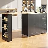 ZODICK Ausziehbarer Bartisch mit Stauraum, hoher Küchentisch auf Rädern, Bartisch mit 3 Schubladen und Snackregal, um 360 ° drehbare Essbar, 135-203 x 39 x 106cm, Schwarz