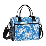 Amooorous Lunchtasche für Herren, Motiv: niedliche Delfinblume, Motiv: blaue und weiße Cartoon-Motive, umweltfreundliche Lunchtasche mit Schultergurt, große Lunchtasche für Damen und Herren