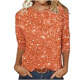 Damen-T-Shirts, lässig, Pailletten, glitzernd, 3/4-Ärmel, Damenblusen und Hemden, Rundhalsausschnitt, schmale Passform, T-Shirt, Pullover, Mode, Tanzparty, UK-Größe S-5XL, 0 x Orange, 42