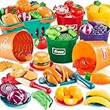 Shimfun Kinderküche Zubehör, 77pcs Schneiden Spielen Lebensmittel Spielzeug für Kleinkinder Küche mit einkaufskorb Kinder, kaufladen zubehör, spielküche zubehör, küchenzubehör Kinder