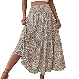 Sommerrock Damen Leicht Und Luftig Sommer Bohemien Druck Maxi Rock Damen Rock Elegant Hohe Taille Maxirock Sommerkleid Casual Maxi Skirt Lang Boho Röcke（8-Khaki，L）
