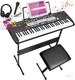 Keyboard Piano, 61 Key Keyboard für Einsteiger, mit Keyboardständer, Klavierbank, Mikrofon, Kopfhörer, Notenablage, LED-Bildschirm, Lehrmodi, E-Piano Geschenk für Kinder ab 7 Jahre (Klassisch Schwarz)