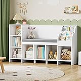 HOCSOK Kinderregal, 138.5 cm Bücherregal Kinder mit Kissen und 7 Ablagefächern, Spielzeugregal Aufbewahrung für Kinderzimmer, Spielzimmer, Kindergärten, Weiß, 80×40×138.5cm