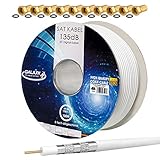 HB-Digital Set: 100m Koaxial SAT Kabel 135db Weiß + 10x F-Stecker vergoldet | CCS (Stahl-Kupfer) Satellit Antennenkabel 5-Fach geschirmt für DVB-S/S2 DVB-C/C2 DVB-T/T2 DAB+ Radio BK Anlagen