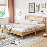 Holzbett Doppelbett 160x20 cm, Rattanbett Jugendbett Bettgestell Bettrahmen Gästebett Familienbett Erwachsenenbett mit Rattannetzkissen Kopfteil und Lattenrost, Ohne Matratze, Kiefer+PE-Rattan, Natur