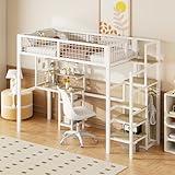 Lubvtti Hochbett 90x200cm, Kinderbett mit Sicherheitsleiter, Eisengestell, Schrank mit Computertisch, Weiß (ohne Matratze)
