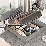 Polsterbett 90*200 cm mit Lattenrost und Kopfteil, Jugendbett, Polsterbett mit höhenverstellbares Kopfteil, für Erwachsene & Jugendliche, Holzlattenunterstützung, Schneeflockensamt, grau (140*200 cm)