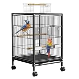 HENGMEI Papageienkäfig Vogelvoliere Vogelkäfig Vogelhaus Käfig Voliere kanarienvögelkäfig mit Rollen Schwarz 46x46x91cm (mit Offenem Dach)