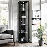 K-Möbel Glasvitrine Stehend (176x37x33cm) - Made in Germany - Vitrinenschrank Schwarz mit 4 höhenverstellbaren Glasböden & LED - Vitrine Glas stehend - Glasschrank - Display Cabinet