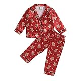 Schlafanzug-Set für Kleinkinder und Kinder, 2-teilig, Weihnachtsnachtwäsche, Nachtwäsche, 2-teilig, langärmelig, Knopfleiste, Lebkuchenmann-Druck, Oberteil + Hose, 1–7 Jahre, rot, 6-7 Years