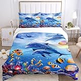 Bettwäsche Schildkröte 135x200,3D unterwasserwelt Bettwäsche Set,Delfin,Tropischer Fisch,Korallen,Meeresleben Bettbezug,Blaue Unterwasserwelt Bettbezug für Kinder (Unterwasserwelt-B, 135x200cm)