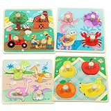 Holzpuzzle, Holzspielzeug ab 1 2 3 Jahren, 4 Stück Steckpuzzle Holz,Montessori Spielzeug mit Griff,Holzspielzeug Kinderspielzeug Motorikspielzeug,Tier Holzpuzzle Puzzle Kleinkind Lernspielzeug Kinder