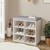 Hzuaneri Schuhbank, Schuhregal mit Sitzfläche, Sitzbank mit Stauraum, Kissen, 6 Fächer, 30 x 60 x 52,7 cm, verstellbare Ablagen, für Wohnzimmer, Flur, Schlafzimmer, weiß-grau SB09903X