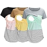 3er Pack Stillshirt Damen Umstandsmode Kurzarm Rundhals T-Shirt Bluse Stillkleidung Umstandsshirt Nursing Umstandstop Schwangerschaft Kleidung Stilltop Basic Oberteil Kariertes Hemd (02-Grey, M)