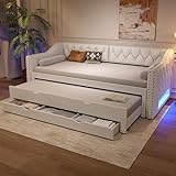 Gxffipw Schlafsofa Tagesbett 90x200 cm mit Ausziehbett und LED Licht, Polsterbett Sofabett mit Schubladen und Nieten Design, Sofa Bett Bettgestell mit Lattenrost, Linen, Beige, Ohne Matratze