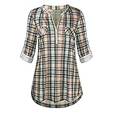 TDEOK Karierte Hemdbluse Damen Lang - Tuniken Für Damen Sommer Langarm Blusenshirt Mit 1/4 Zip V-Ausschnitt Zipfelshirts Locker Freizeitbluse Große Größen Longbluse Vintage Blusehemd Kariertes-Hemden