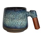 shizuro japanische Tasse mit Holzgriff - 380 ml - hochwertige Keramiktasse für Kaffee und Tee - nachhaltige asiatische vintage Teetasse - Retro modernes Design (Weiß Blau, 380ml)