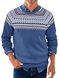 Runcati Norweger Pullover Herren Weihnachten Strickpullover Rundhals Fair Isle Sweater Langarm Männer Winter Basic Casual Pulli,Blau,L