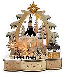 Wichtelstube-Kollektion Schwibbogen, handbemalt und detailreich, Hochwertiges Echtholz, Innenbeleuchtet mit Timer Funktion, Schwippbogen Weihnachten, Sparsam im Batteriebetrieb