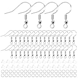 WLLHYF Silber Ohrring Haken, 100 Stück/50 Paar Ohrhaken Fischhaken 300 Stück Legierungs-Ohrring-Schmuckherstellungs-DIY-Kit mit 100 Biegeringen und 100 Stück Durchsichtigen Silikon-Rückenstoppern