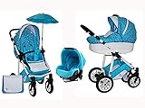 Skyline Kombi 3in1 Kinderwagen mit einem Aluminium Gestell, Babywanne, Sport Buggyaufsatz und Babyschale (ISOFIX) (Hellblaue Blumen)