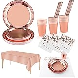 Vexillic Geburtstagsgeschirr, 121 Teilig, Partygeschirr mit Tasse, Serviette, Papier, Strohhalm, Teller, Tassen, Servietten, Thema, Rosa Gold, Geburtstagsdekoration für Mädchen 24 Gäste