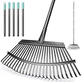 Laubbesen für den Garten, 47 cm breit, strapazierfähig, mit 25 Metallzinken, Laubbesen mit 1,8 m verstellbarem Griff für Hof, Rasen, Strauch, Gartenblätter