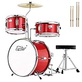 Eastar Schlagzeug 14' 3 PC, für Kinde, Schlagzeug Set mit Snare, Tom, Bass Drum, Bass Drum Pedal, Thron, Becken, Drumsticks, Metallisches Rot