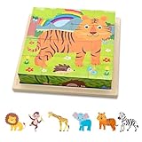 Würfelpuzzle Holz, 6 in 1 Tier-Motive Holzpuzzle Montessori Spielzeug, mit 16 Würfel Holzspielzeug für Kinder ab 3 4 5 Jahren, 3D Bilderwürfel Puzzlespiele Geschenk für Jungen und Mädchen, 16 x 16cm