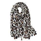 Soudittur Damen Schal Leopardenmuster Winter Warmer Halstücher mit Fransen - Übergroßer 180 * 100 cm (Beige)