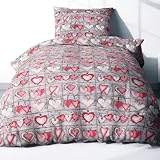 Heubergshop 2-teilige Seersucker Bettwäsche 155x220cm und 80x80cm - Love, Liebe, Herzen, Landhaus in rot und grau - Bettgarnitur, 100% Baumwolle, bügelfrei (EW-358/1)