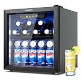 EUHOMY Getränkekühlschrank, Mini Kühlschrank mit Glastür, Bierkühler, Tisch-Getränkekühlschrank für 55 Dosen, Schwarz Freistehender Kühlschrank mit LED, 43dB, für Büro, Zimmer, Bar, 37L, Geräuscharm