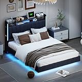 BXEYXE Polsterbett 140 * 200 mit LED-Beleuchtung und USB-Steckdose. Kopfteil mit Stauraum. Schwebebett Jugendbett Erwachsenenbett. Leinenstoff. Grau