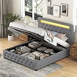 Azkoeesy Polsterbett mit Stauraum und Bettkasten, 140 x 200 cm, Doppelbett, Jugendbett, mit LED-Beleuchtung, Musik-Player, USB-Ladeanschluss, Leinen, Grau