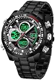 Luxus Herren Uhren Edelstahl Schwarz Armbanduhr Männer mit Alarm Timer Datum Stoppuhr 5ATM wasserdichte Digitale Analoguhr Business Elegant