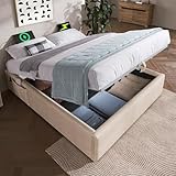 Wiuzo Polsterbett Doppelbett 140×200 cm, Struraumbett Bettgestell mit USB- C und Vollflächiger Lattenrost, Ohne Kopfteil, Leinen, Natürlich