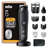 Braun All-in-One Series 5, 13-in-1 Multigroom, Barttrimmer, Nasenhaartrimmer, Haarschneidemaschine für Gesicht, Kopf und Körper, 120 Min Akku, 14 Längen (3–21 mm), Wasserdicht, AIO5565, Schwarz