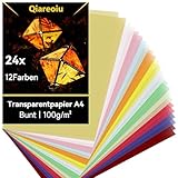 Qiareoiu Transparentpapier Bunt, Transparentpapier a4, Pergamentpapier zum Bedrucken, 12 Farben inkl. Gold & Silber, Pergamentpapier zum Basteln von Laternen, 24 Blatt