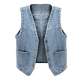 Jeans Weste Damen Klassisch Beiläufige Revers Denim Vest Jeansjacke Ärmellos Knopf Oversized Denim Jacket Denim Weste Jeansweste Taschen Casual Vest Jeansjackenweste