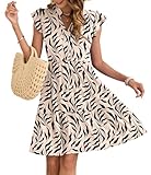 AUSELILY Damen Sommerkleid V-Ausschnitt Kleider Rüschen Ärmel Minikleid Elastische Taille Freizeitkleid mit Taschen Aprikosen Schwarzes Blatt M