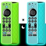 Pinowu Silikon Gehäuse (2pcs) Kompatibel mit Firestick 4K Max/Toshiba/Insignia Serie Alexa Stimme Fernbedienung Erweitert mit Schlüsselband (Grün Leuchtend +Türkis Nicht Leuchtend)