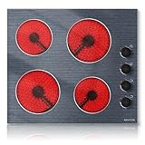 NOXTON Glaskeramikkochfeld 4 Platten mit Knopfsteuerung, Elektrokochfeld 60 cm Einbau, Keramikochfeld 4 Zonen mit 9 Leistungsstufen, 6000W, 220V-240V, Kein Stecker